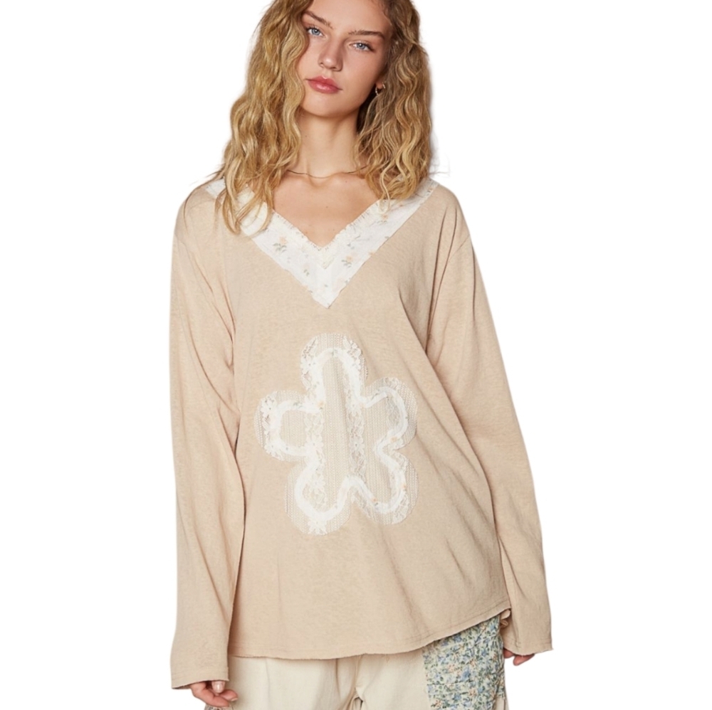 Pol Beige Long Sleeve Top with White Lace Detail, Cotton Blend.S,M,L - Picture 2 of 4